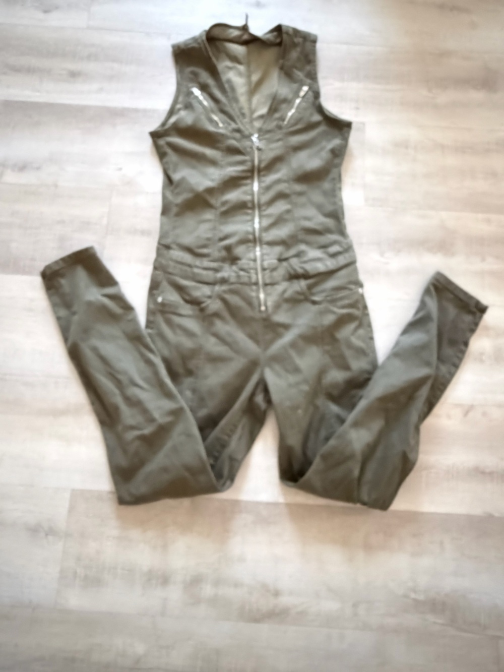 Guess Olive Green Sleeveless Jumpsuit with Front Zipper